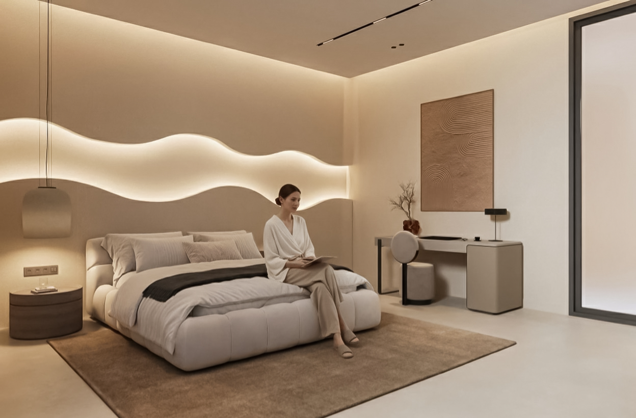 modern teen room with neutral tones and marble surfaces design